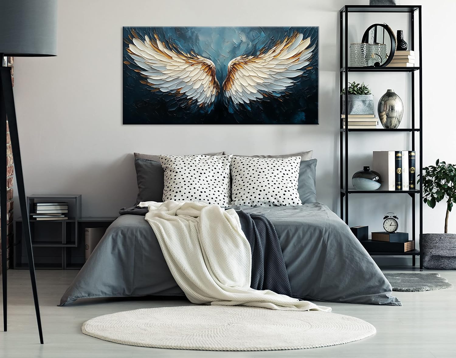 ZESTRILIA Angel Wings Wall Art Blue Oil Painting Reproduction Print Modern Abstract Canvas Paintings Waterproof Artwork Picture for Living Room Bedroom Home Office Kitchen Décor (28x58inch)